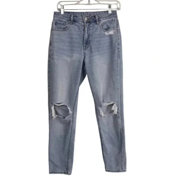 American Eagle Mom Jeans Ripped Distressed Blue High  Waist Size 4 - Picture 3 of 14